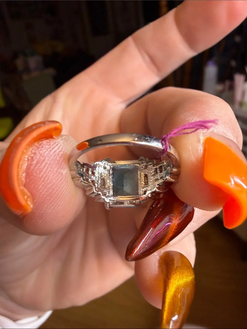 Vintage-Style Blue Gemstone Cocktail Ring with Red Accent Stones